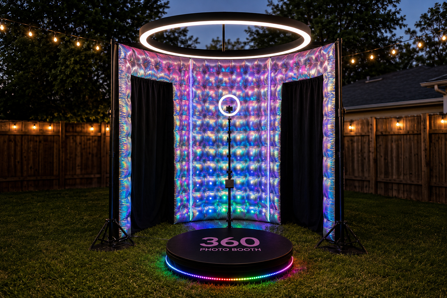 360 photo booth event service set up outdoors with string lights and a metallic backdrop