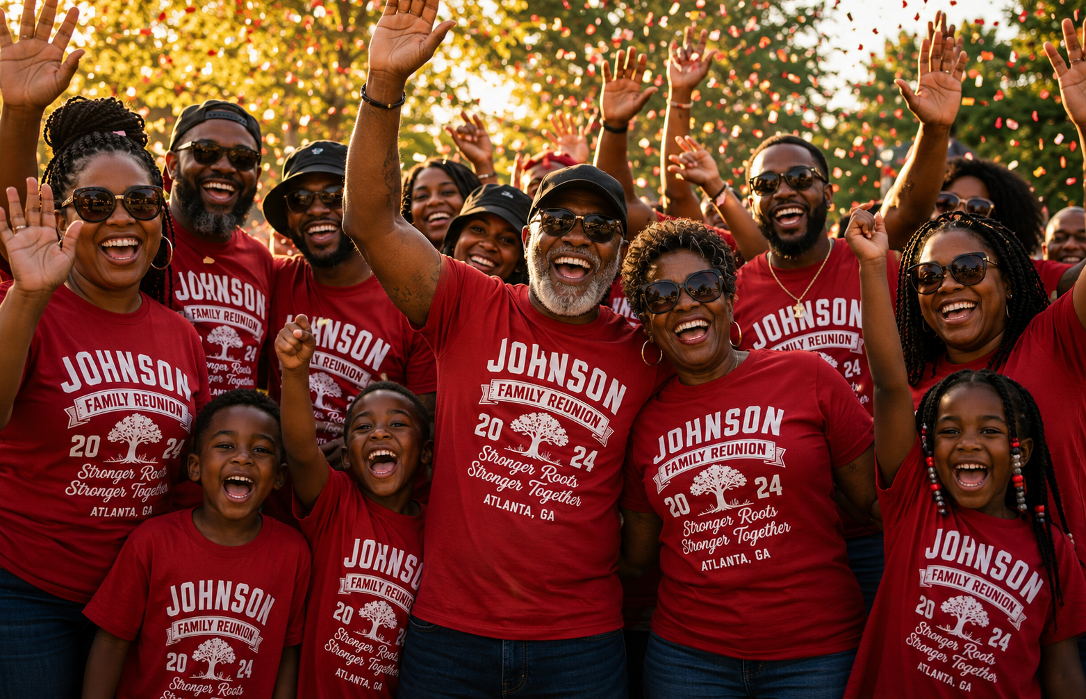 Joyful Johnson family reunion wearing matching red custom t-shirts, celebrating with confetti in the air